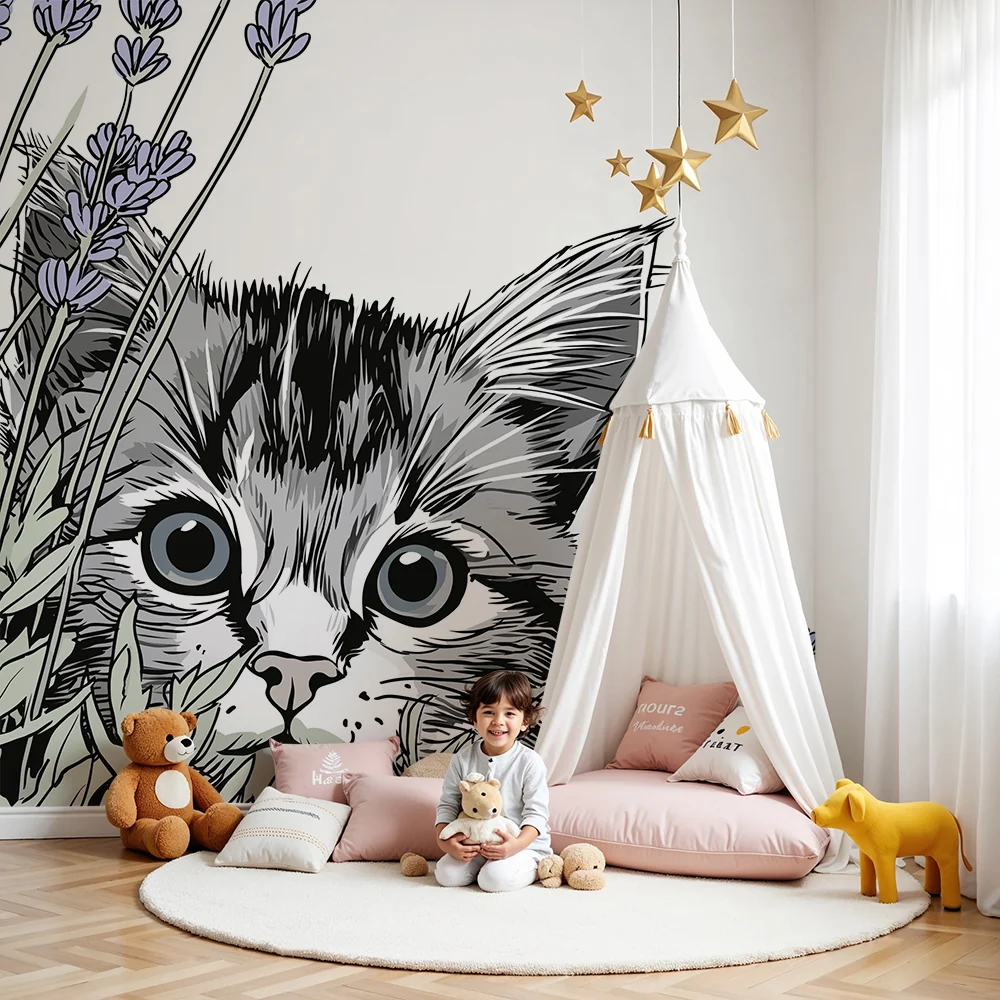 Papel de parede crianç | Curioso gatinho entre as lavandas