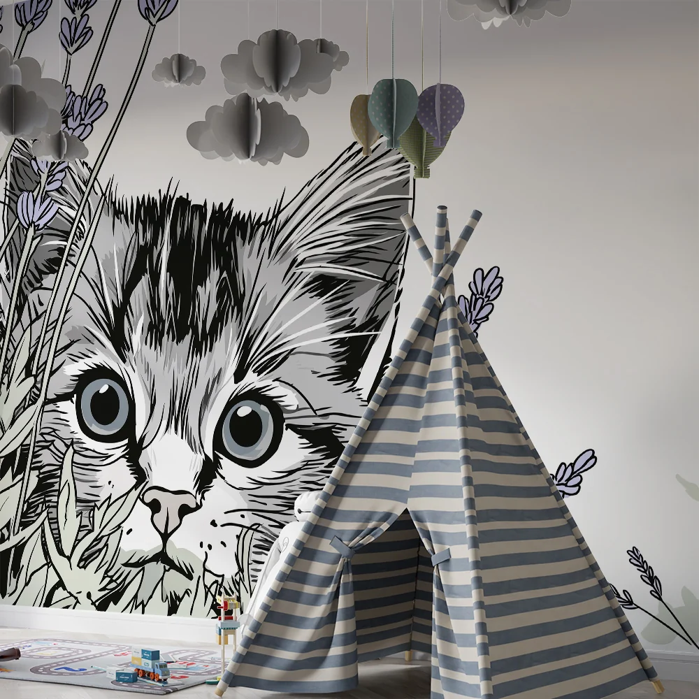 Papel de parede crianç | Curioso gatinho entre as lavandas