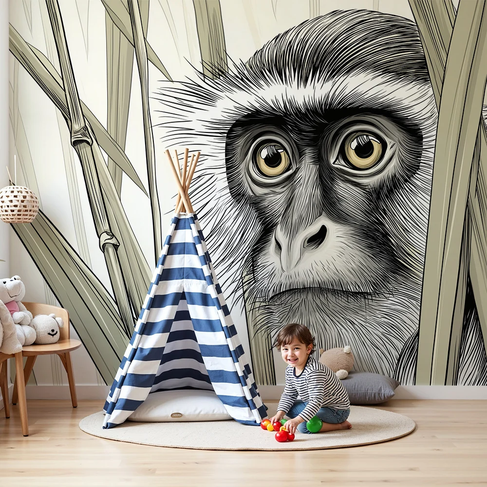 Papel de parede crianç | Curioso macaco entre bambus