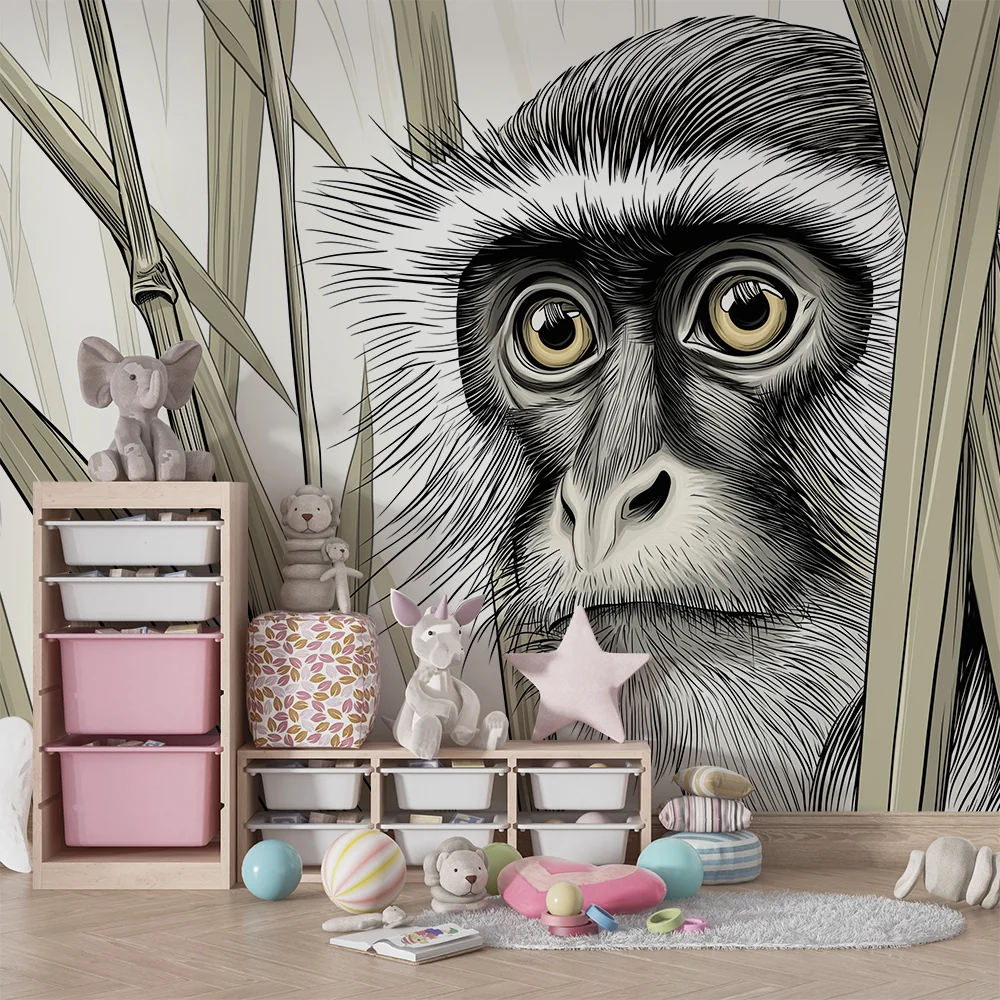 Papel de parede crianç | Curioso macaco entre bambus