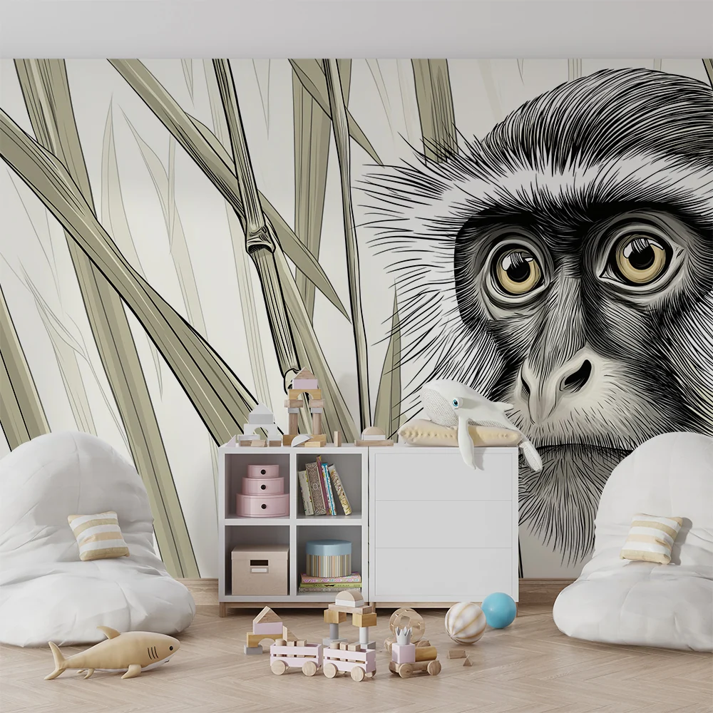 Papel de parede crianç | Curioso macaco entre bambus