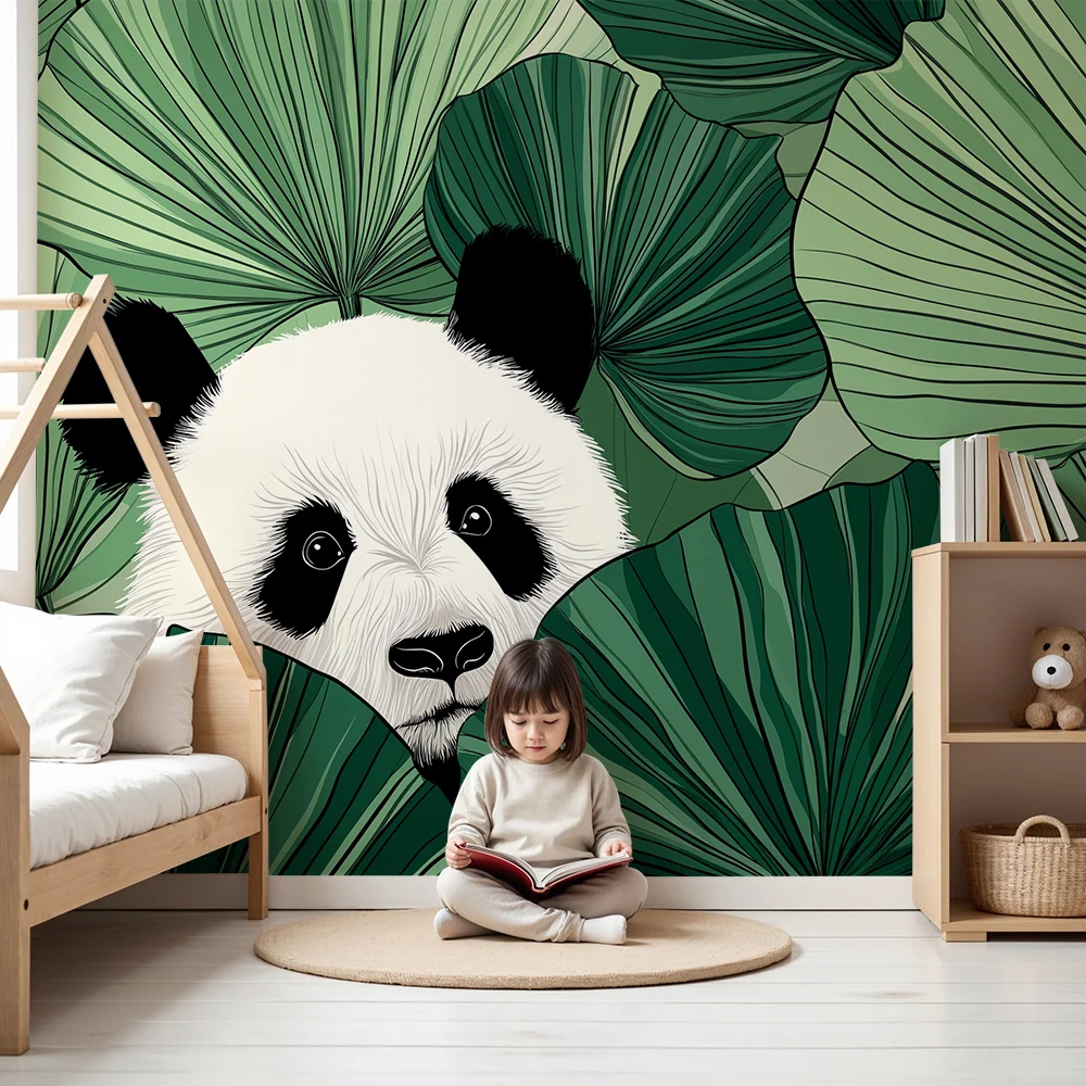 Papel de parede crianç | Curioso panda entre as folhas tropicais