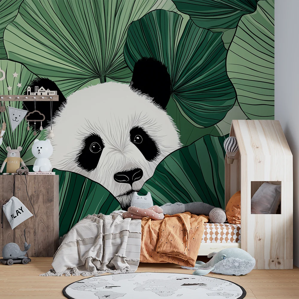Papel de parede crianç | Curioso panda entre as folhas tropicais