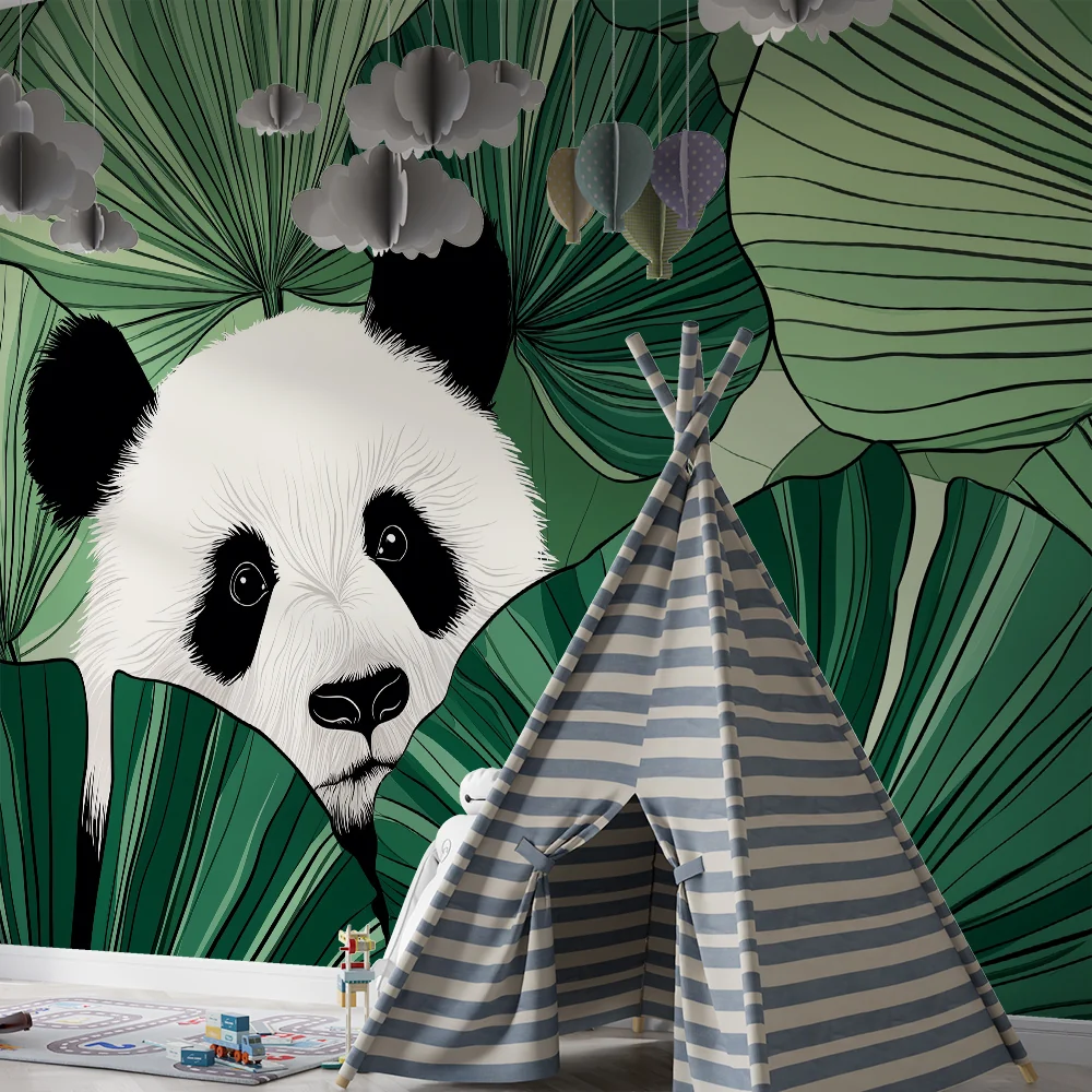 Papel de parede crianç | Curioso panda entre as folhas tropicais