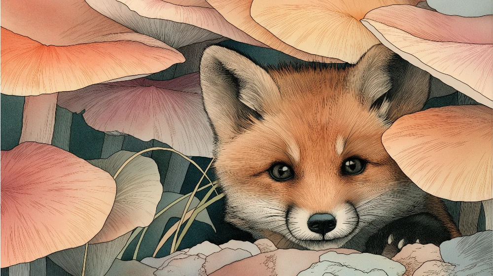 Papel de parede crianç | Curioso raposa entre cogumelos coloridos