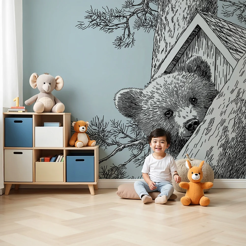 Papel de parede crianç | Curioso urso em uma árvore