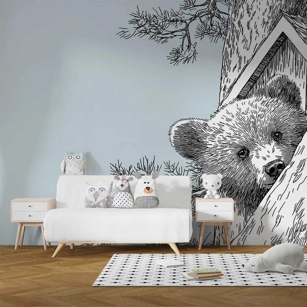 Papel de parede crianç | Curioso urso em uma árvore