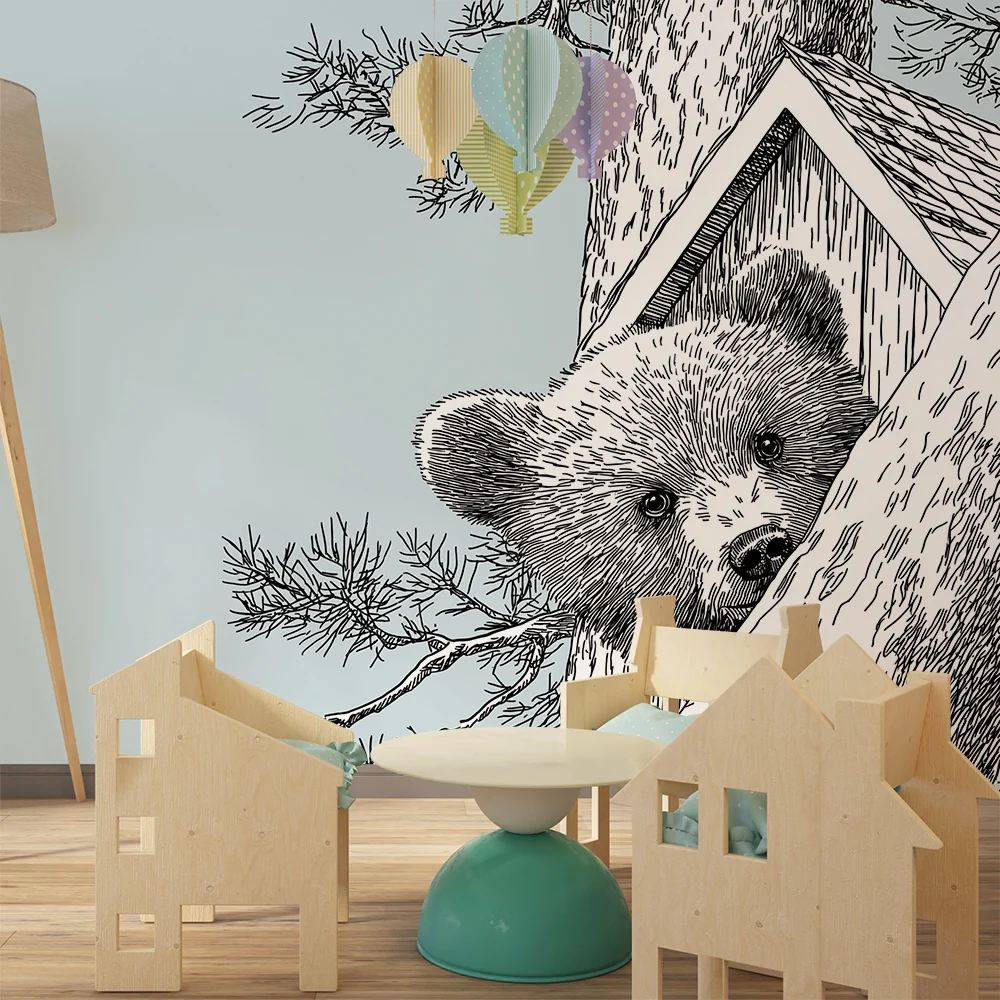 Papel de parede crianç | Curioso urso em uma árvore