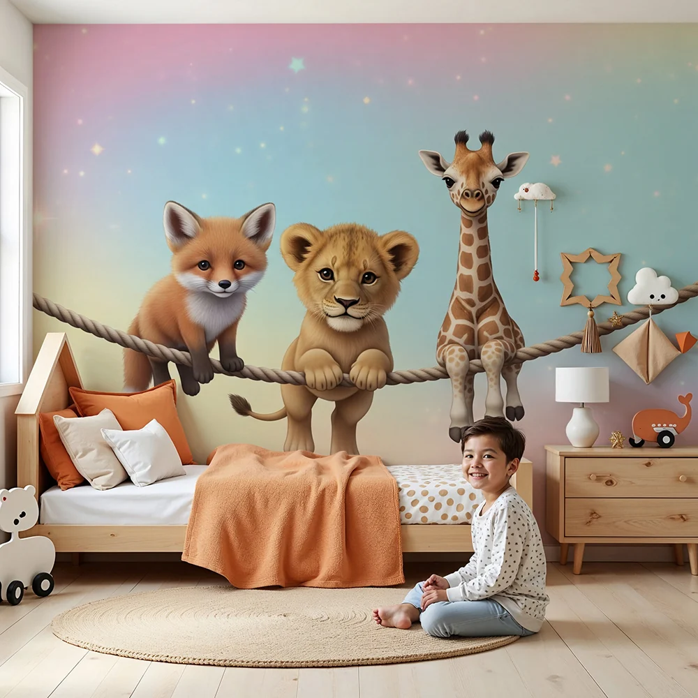 Papel de parede crianç | Cute animals on rope