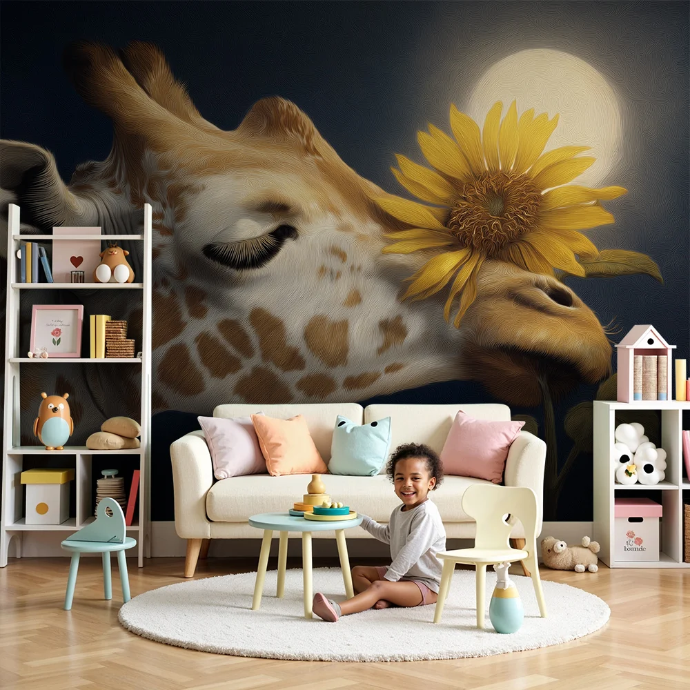 Papel de parede crianç | Delicada girafa com um girassol sob lua