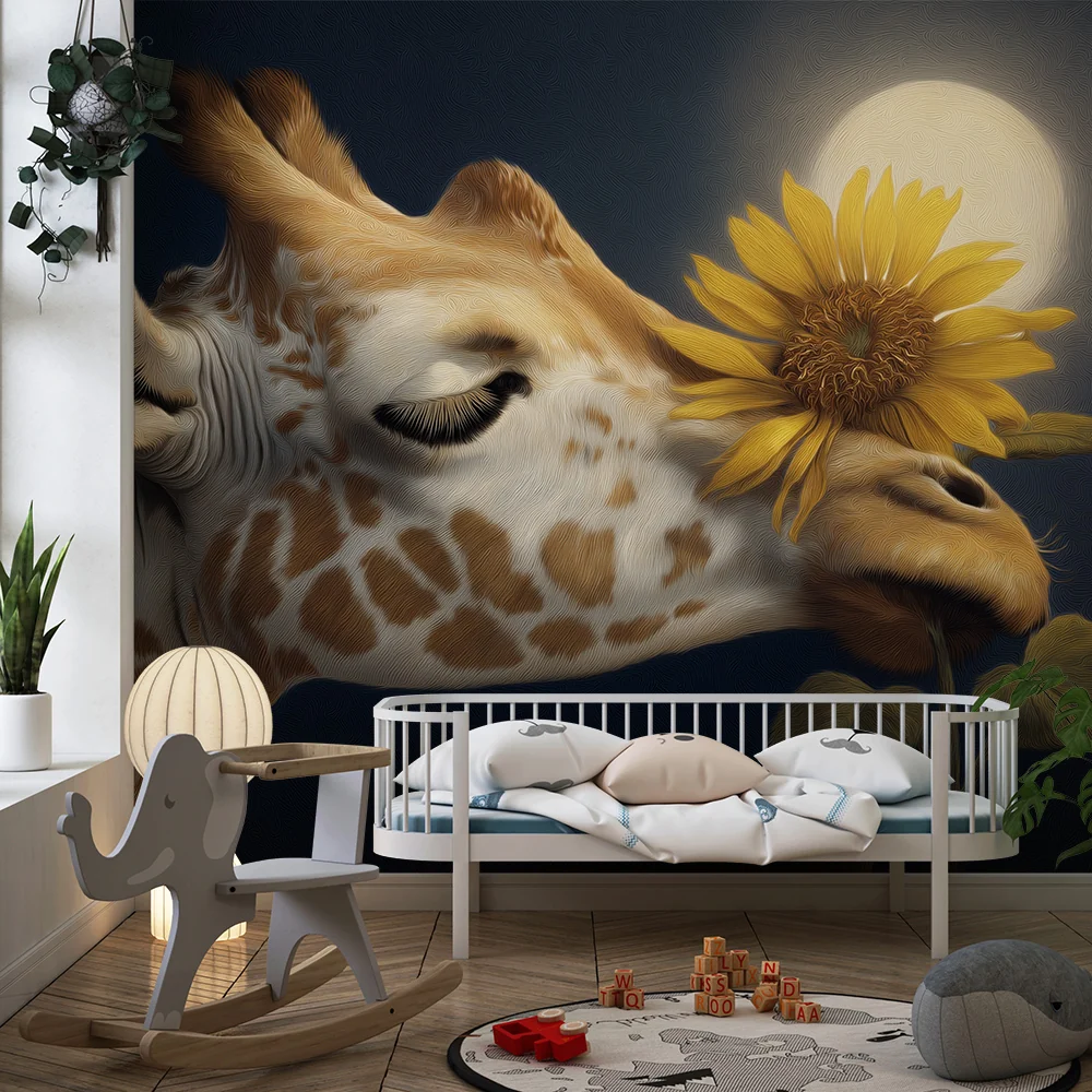 Papel de parede crianç | Delicada girafa com um girassol sob lua