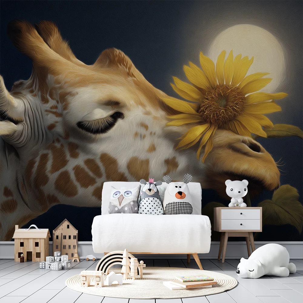 Papel de parede crianç | Delicada girafa com um girassol sob lua