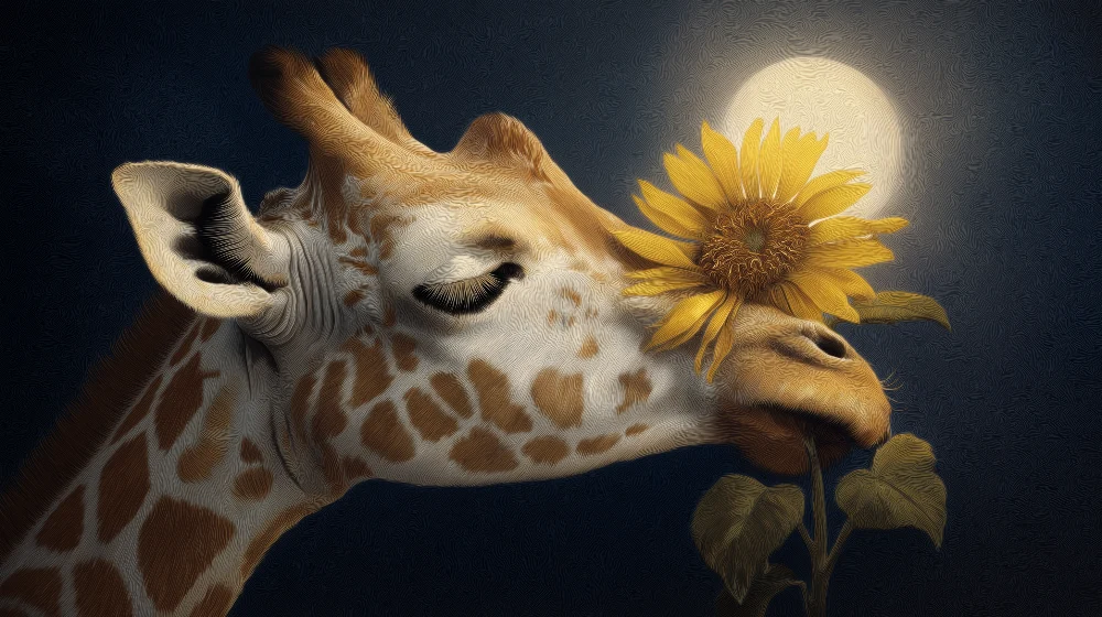 Papel de parede crianç | Delicada girafa com um girassol sob lua