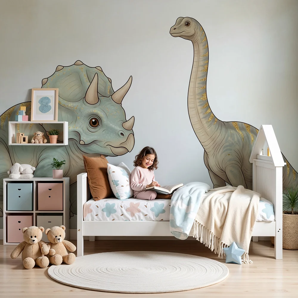 Papel de parede crianç | Dinossauro fofo com triceratops e brontossauro