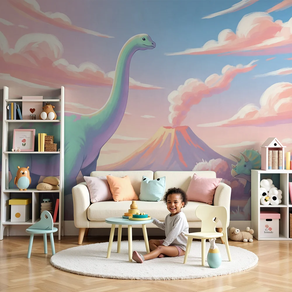 Papel de parede crianç | Dinossauro em uma paisagem pré-histórica pastel