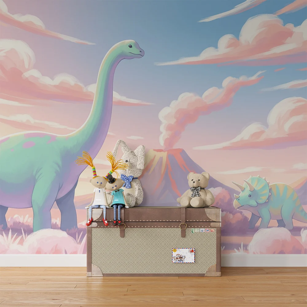 Papel de parede crianç | Dinossauro em uma paisagem pré-histórica pastel