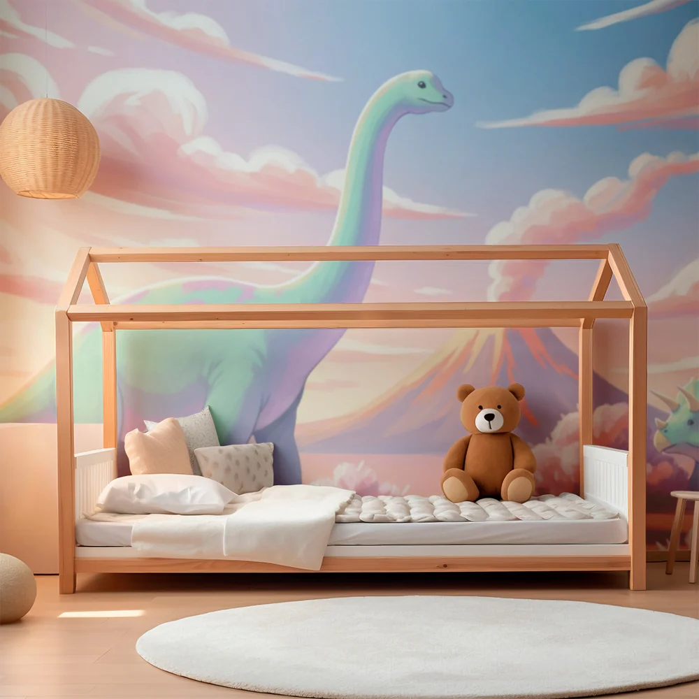 Papel de parede crianç | Dinossauro em uma paisagem pré-histórica pastel