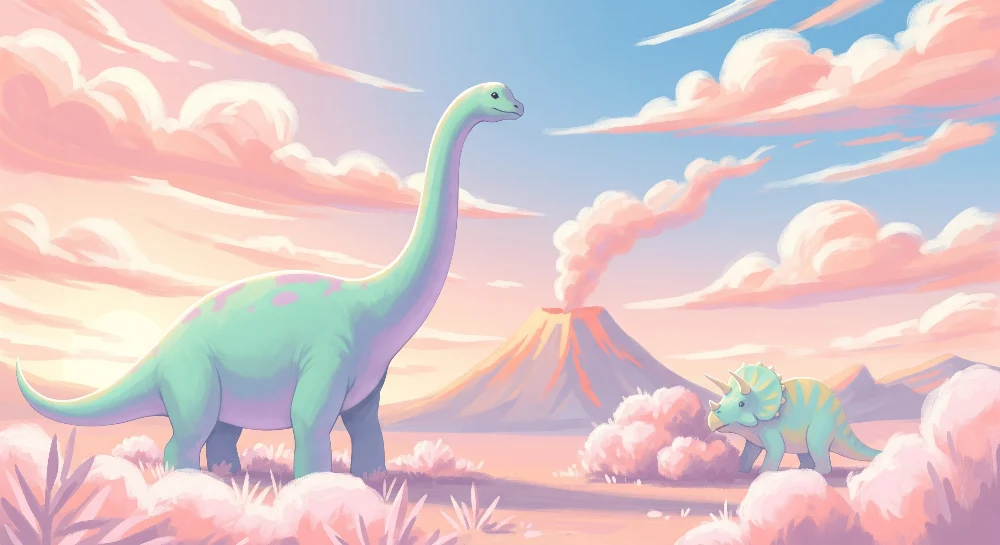 Papel de parede crianç | Dinossauro em uma paisagem pré-histórica pastel