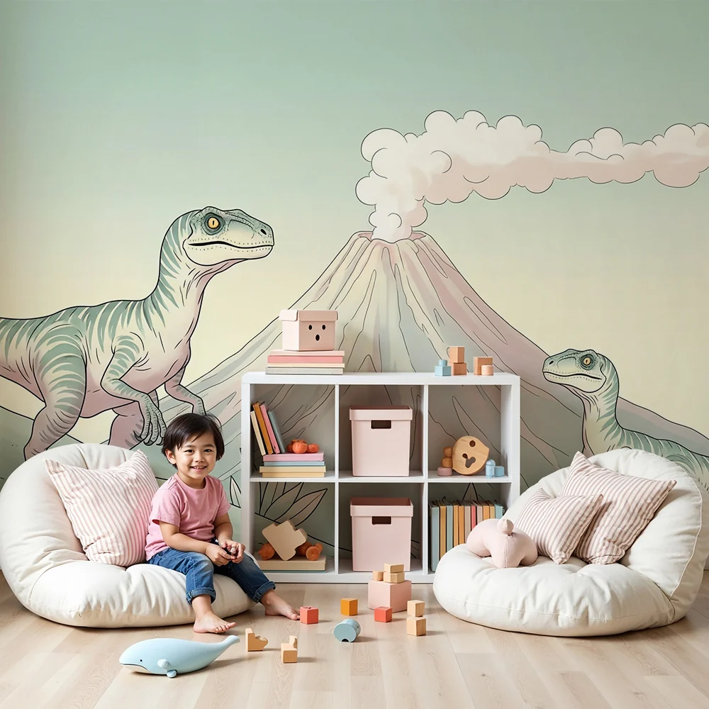 Papel de parede crianç | Dinossauro e vulcão em uma paisagem pré-histórica