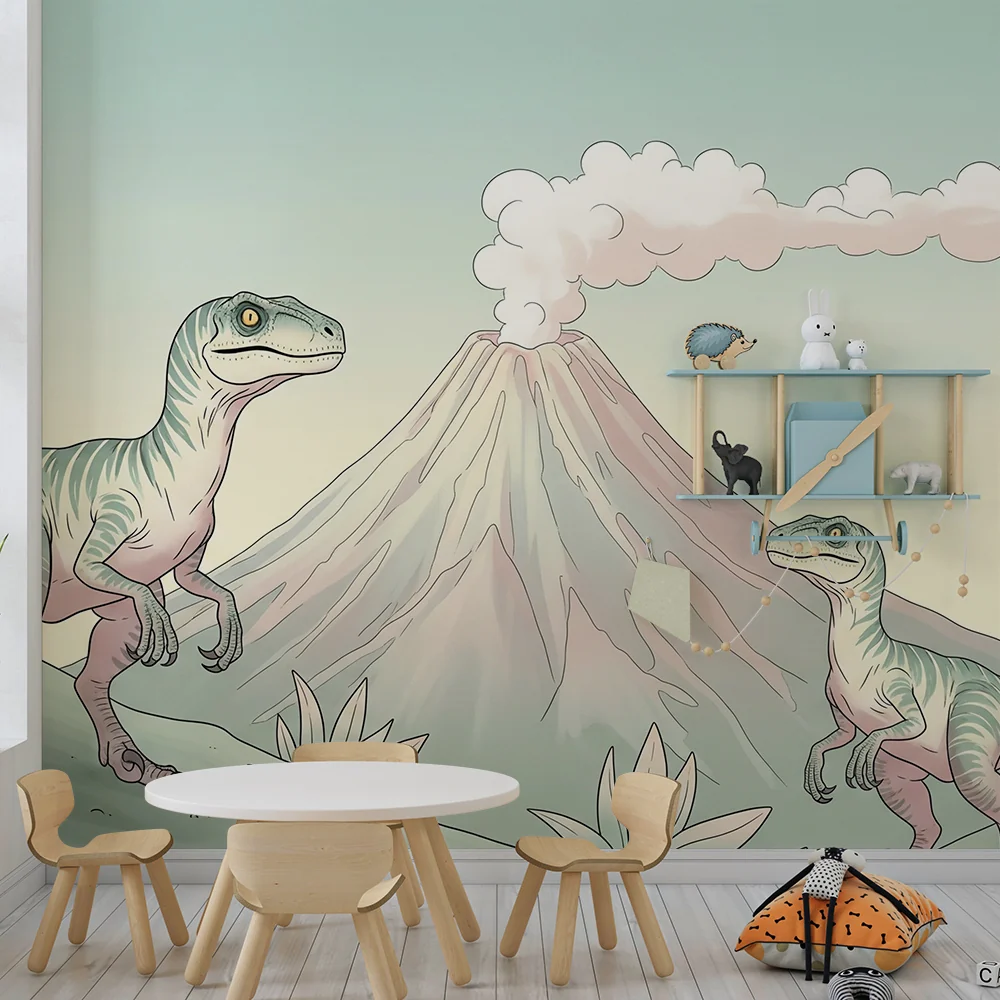 Papel de parede crianç | Dinossauro e vulcão em uma paisagem pré-histórica