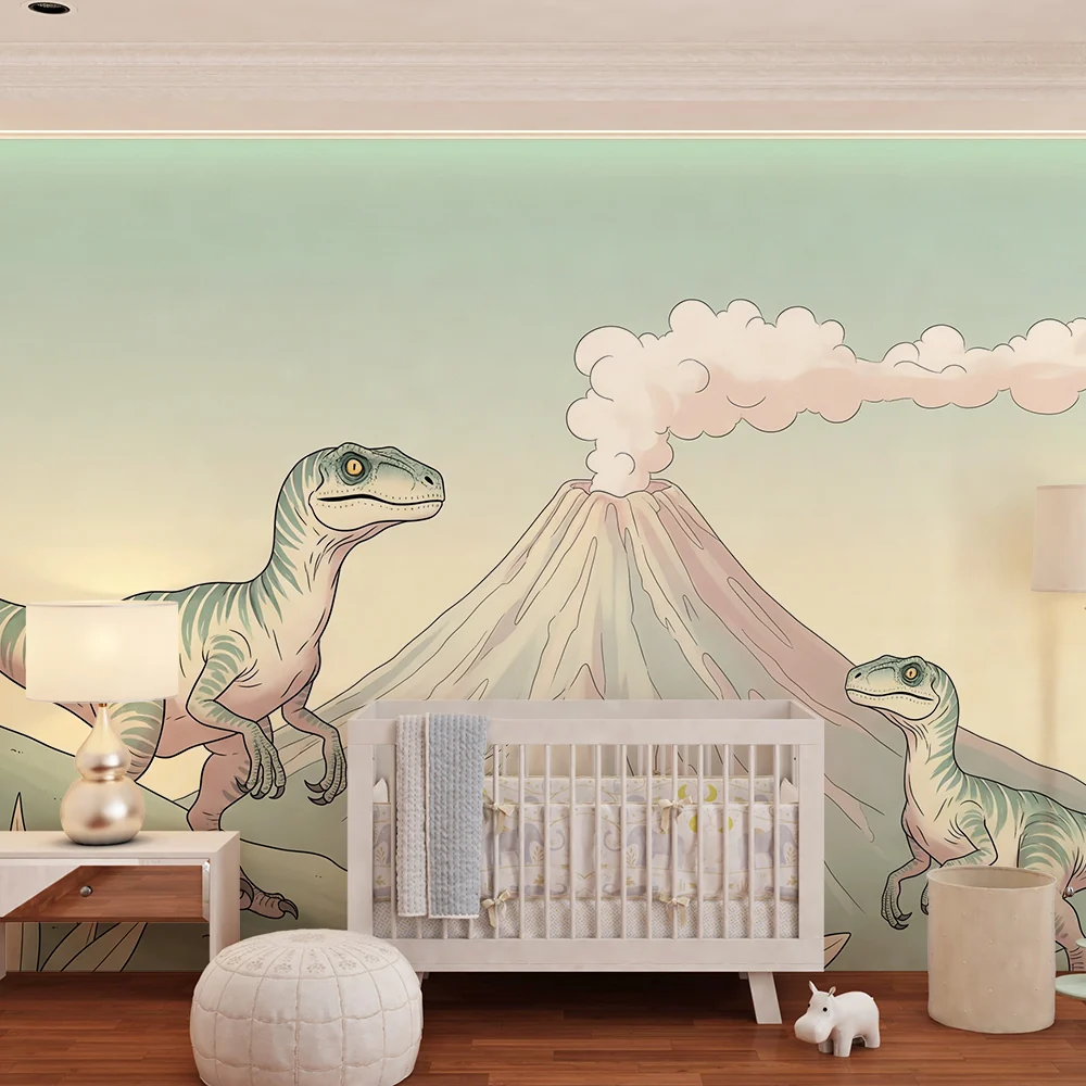Papel de parede crianç | Dinossauro e vulcão em uma paisagem pré-histórica