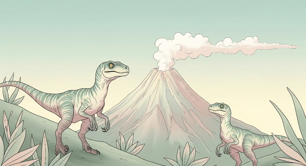 Papel de parede crianç | Dinossauro e vulcão em uma paisagem pré-histórica