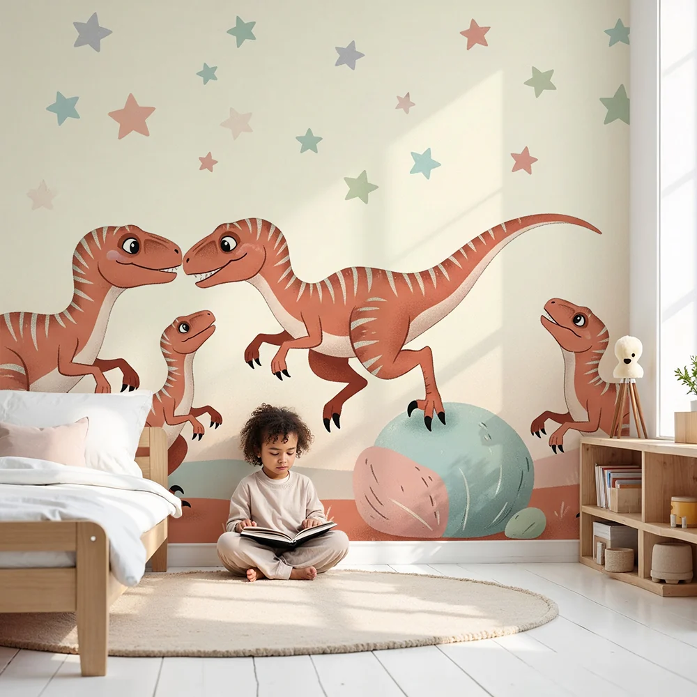 Papel de parede crianç | Dinossauros felizes em uma paisagem estrelada