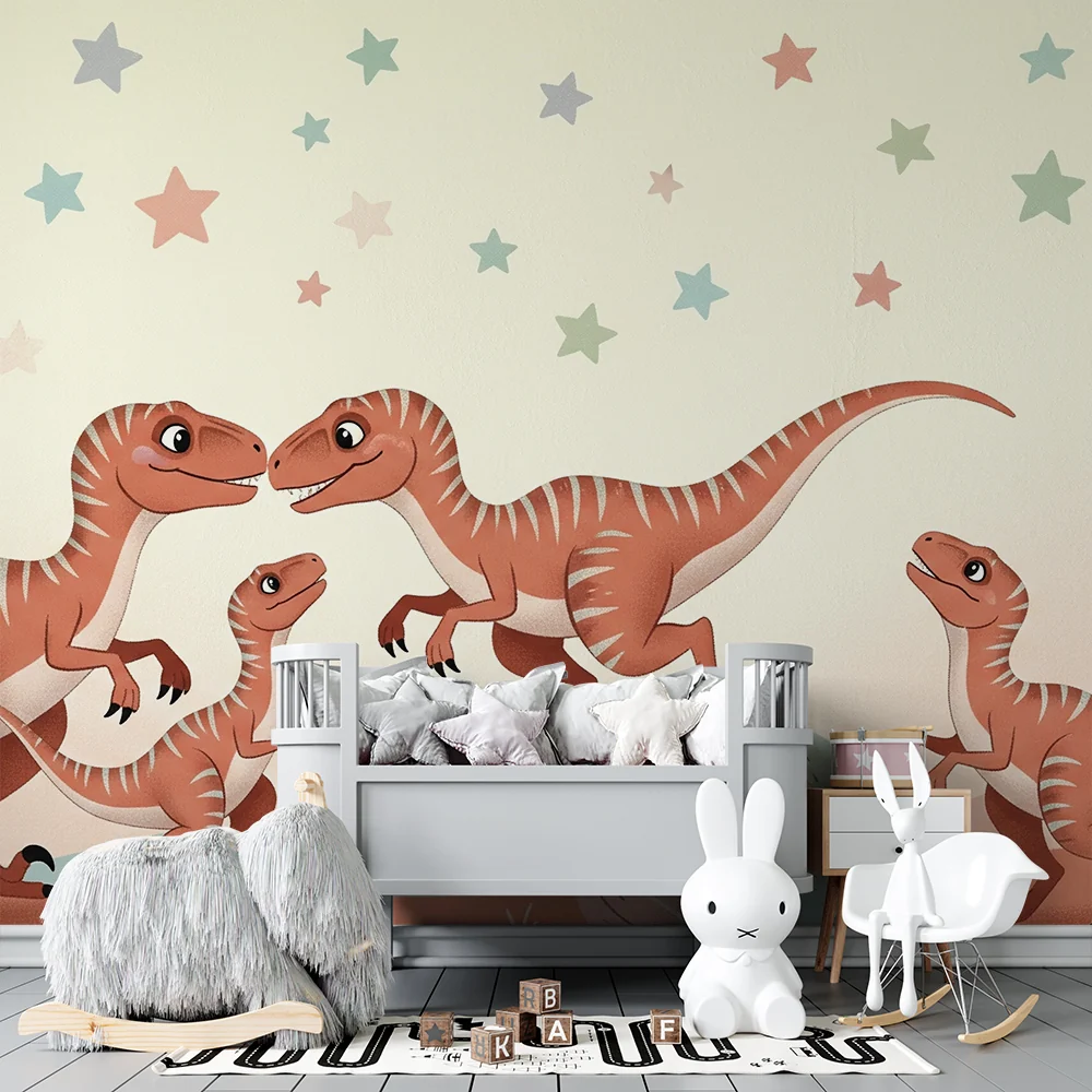 Papel de parede crianç | Dinossauros felizes em uma paisagem estrelada