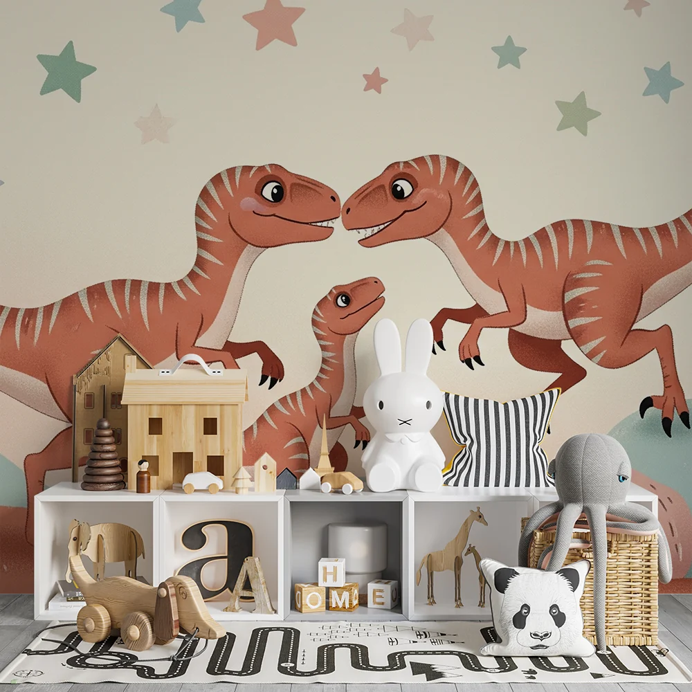 Papel de parede crianç | Dinossauros felizes em uma paisagem estrelada