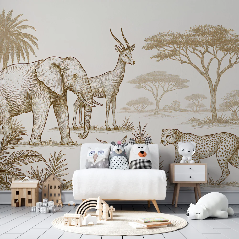 Papel de parede crianç | Divertida selva com elefantes e leopardos
