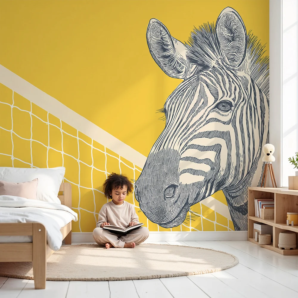 Papel de parede crianç | Divertida zebra em fundo amarelo com rede de esportes