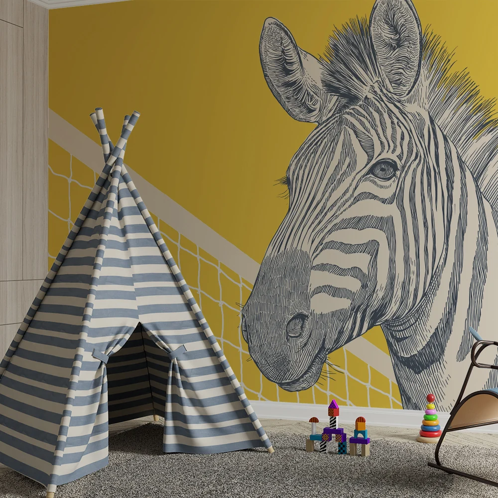 Papel de parede crianç | Divertida zebra em fundo amarelo com rede de esportes