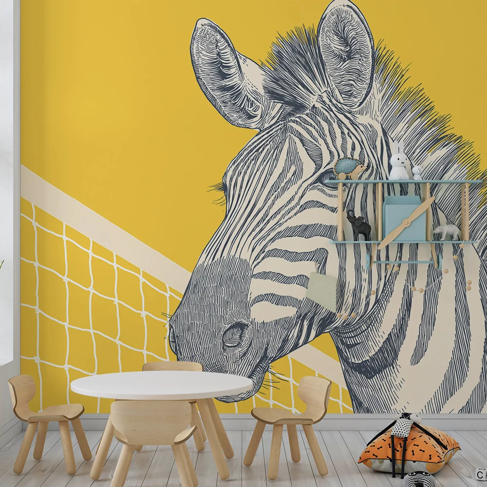 Papel de parede crianç | Divertida zebra em fundo amarelo com rede de esportes