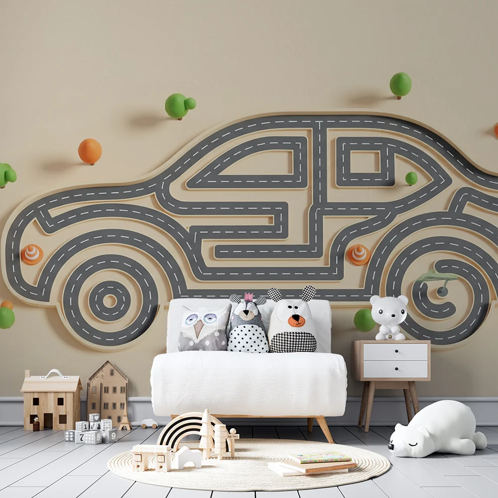 Papel de parede crianç | Divertido carro com estrada e elementos coloridos