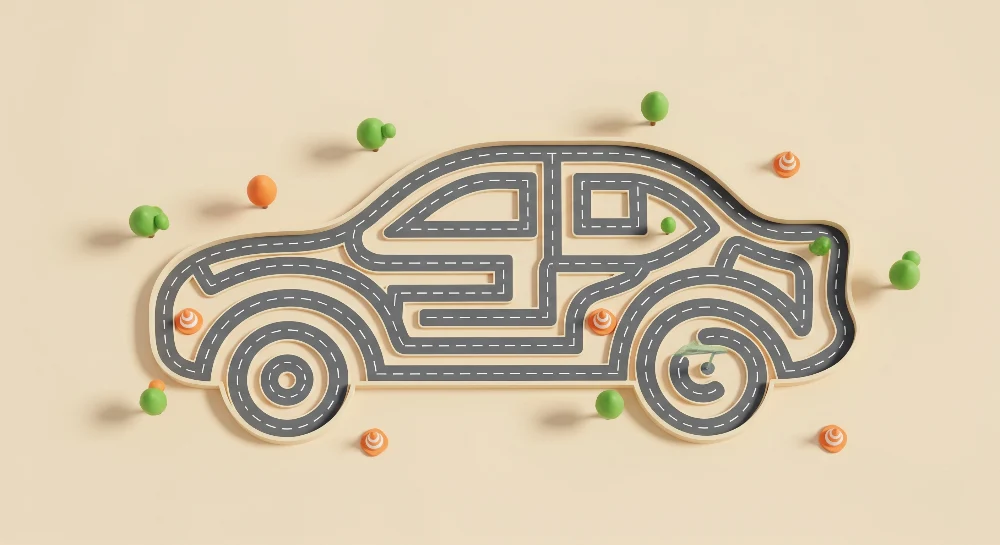 Papel de parede crianç | Divertido carro com estrada e elementos coloridos