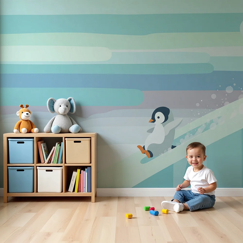 Papel de parede crianç | Divertido pinguim deslizando no gelo