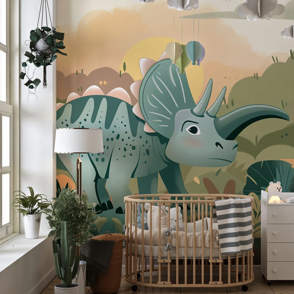 Papel de parede crianç - Divertido triceratops explorando selva nas cores do crepúsculo