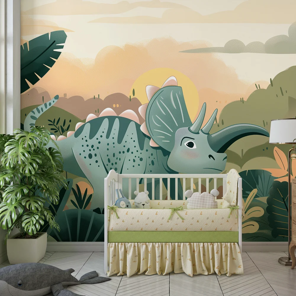 Papel de parede crianç - Divertido triceratops explorando selva nas cores do crepúsculo