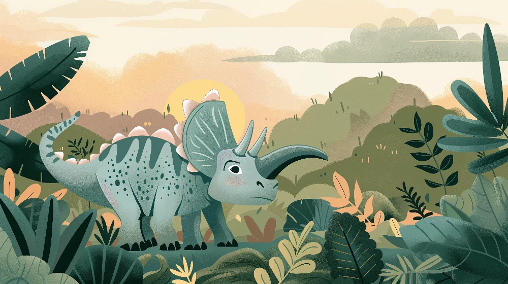 Papel de parede crianç - Divertido triceratops explorando selva nas cores do crepúsculo