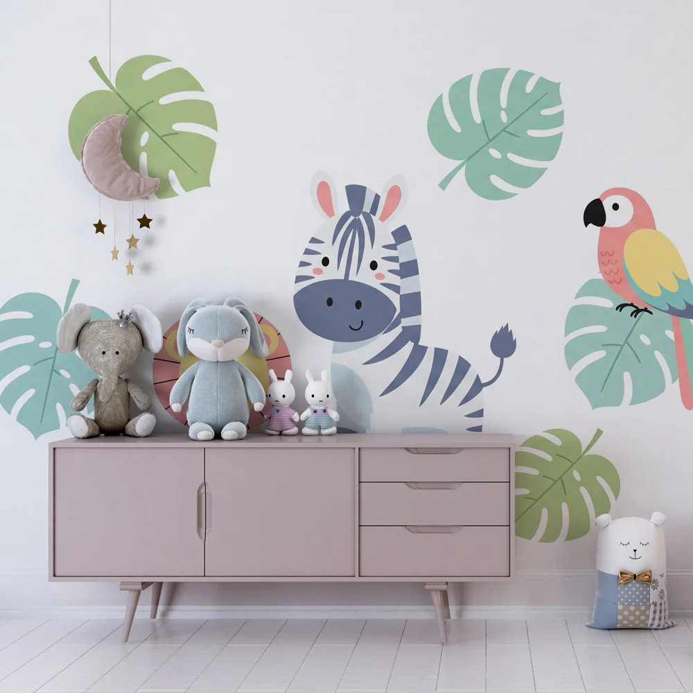 Papel de parede crianç | Divertidos animais da selva e folhas tropicais