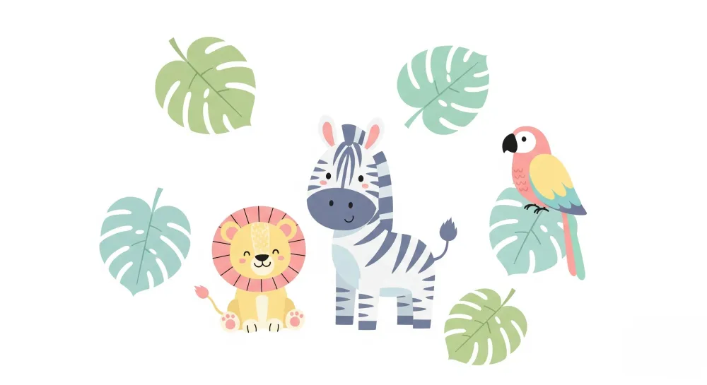 Papel de parede crianç | Divertidos animais da selva e folhas tropicais
