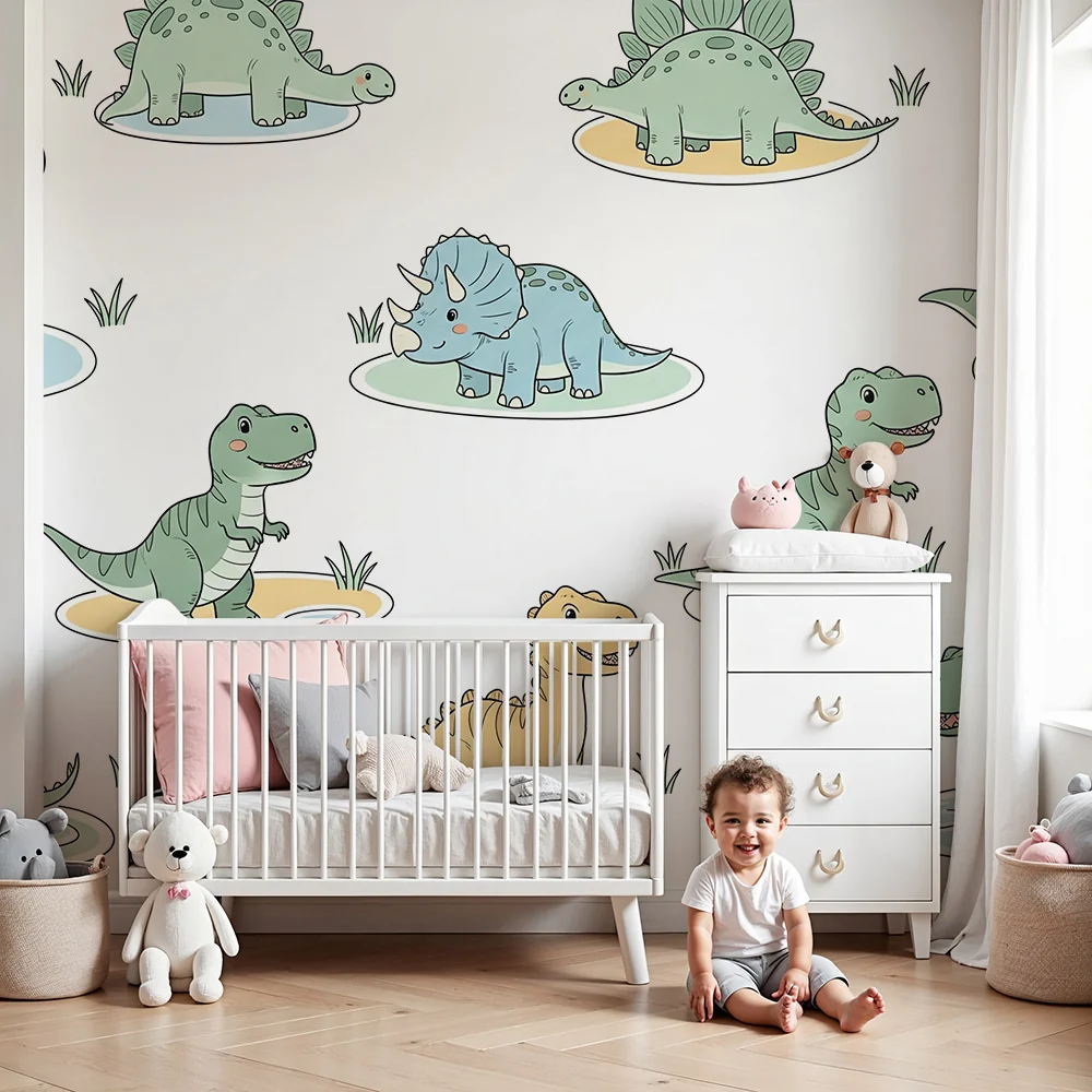 Papel de parede crianç | Divertidos dinossauros em um ambiente lúdico