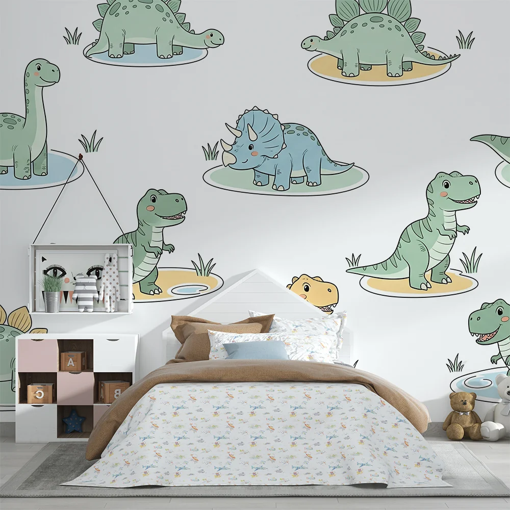 Papel de parede crianç | Divertidos dinossauros em um ambiente lúdico
