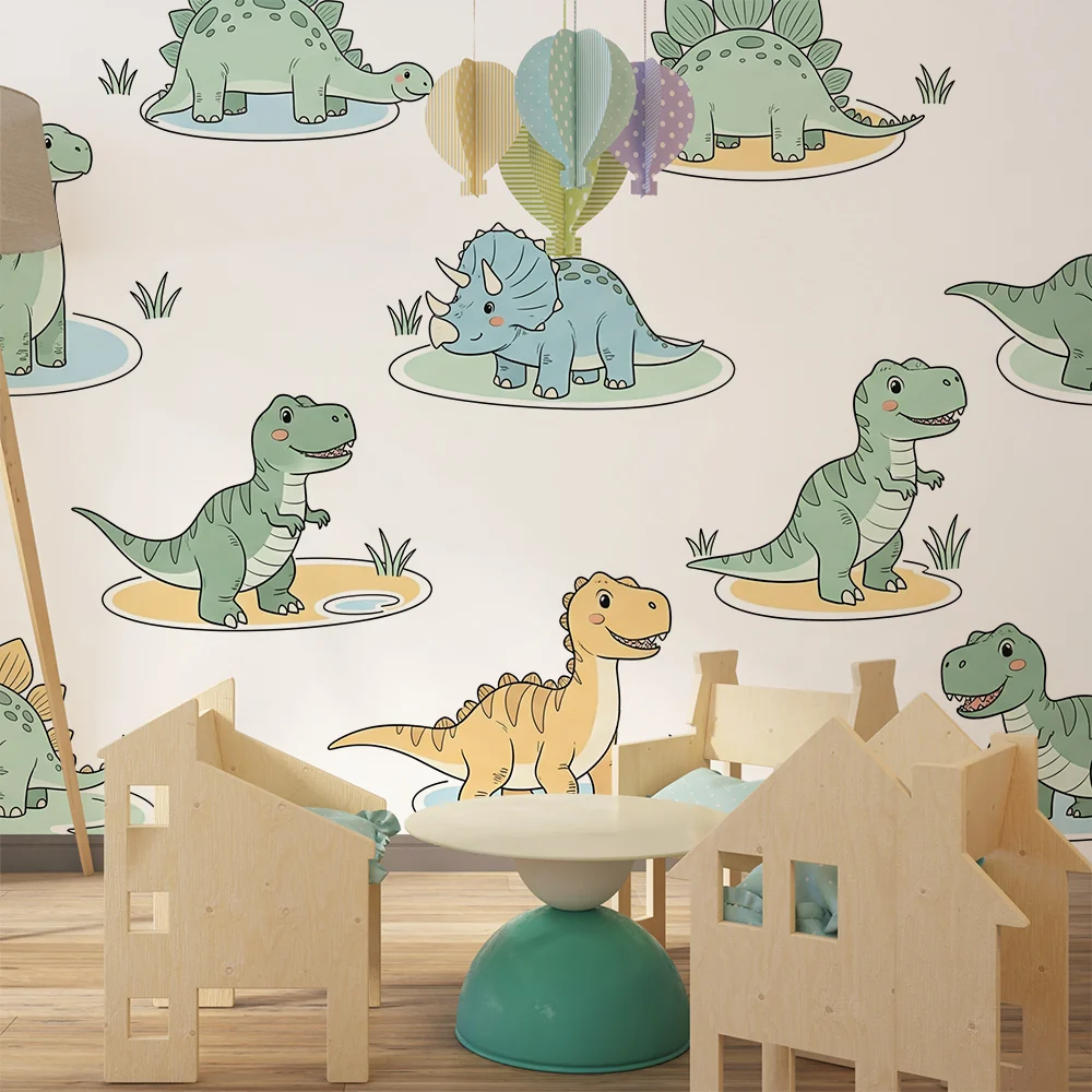 Papel de parede crianç | Divertidos dinossauros em um ambiente lúdico