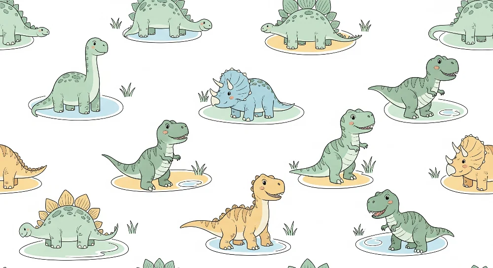 Papel de parede crianç | Divertidos dinossauros em um ambiente lúdico