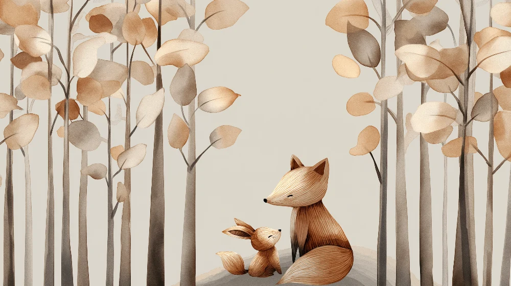 Papel de parede crianç | Doces raposas e floresta calmante em tons naturais