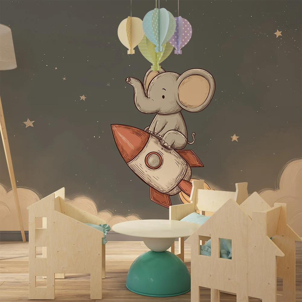 Papel de parede crianç | Elefante astronauta viajando pelo espaço
