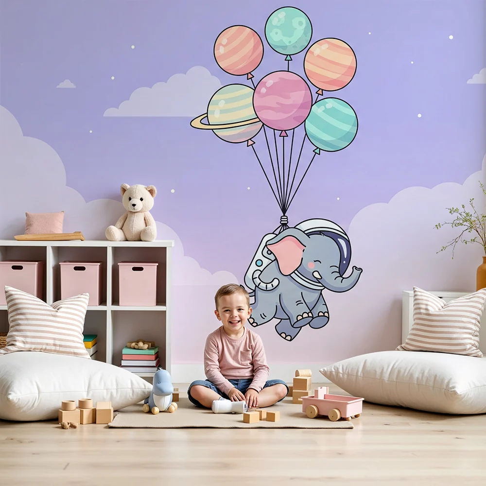 Papel de parede crianç | Elefante astronauta voando com balões coloridos