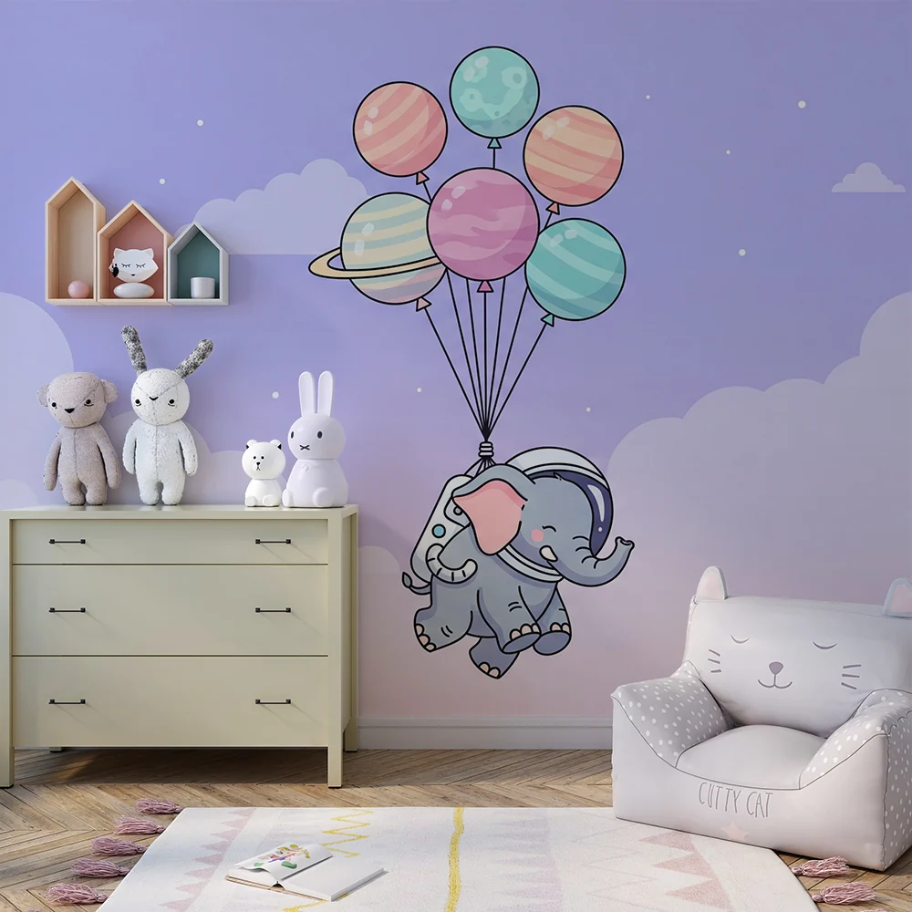Papel de parede crianç | Elefante astronauta voando com balões coloridos