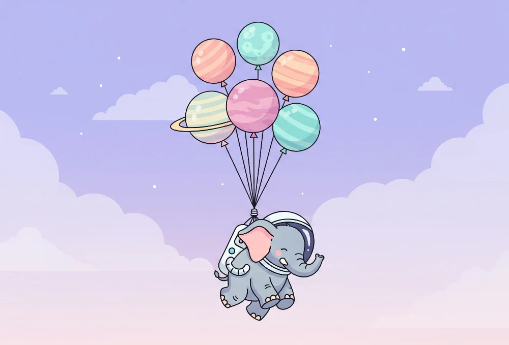 Papel de parede crianç | Elefante astronauta voando com balões coloridos